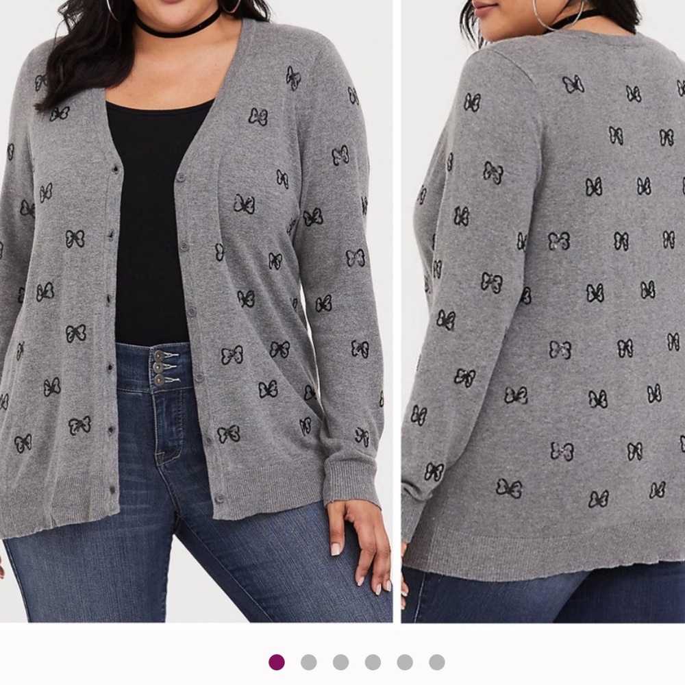 Disney Torrid Collab Minnie Mouse Sequin Bow Cardigan Grey Sweater Size 3/XXXL